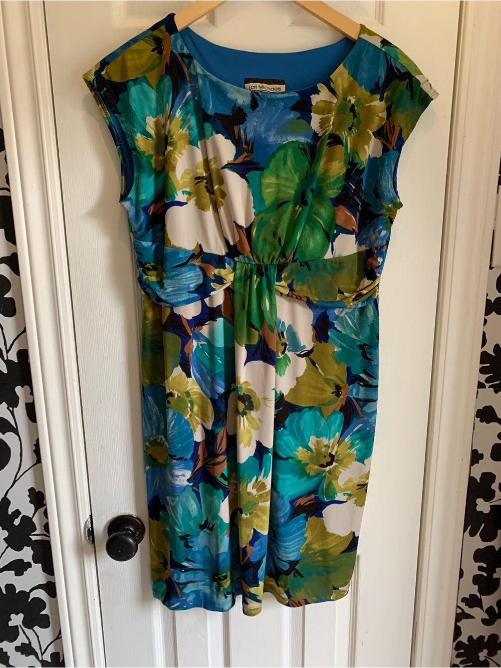 Lori Michaels Blue Green Floral Midi Dress comfy spring summer stretchy